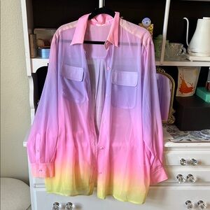 Kulani Kinis Sheer Ombre Button-Up Shirt - Pink to Yellow Gradient (Padme)